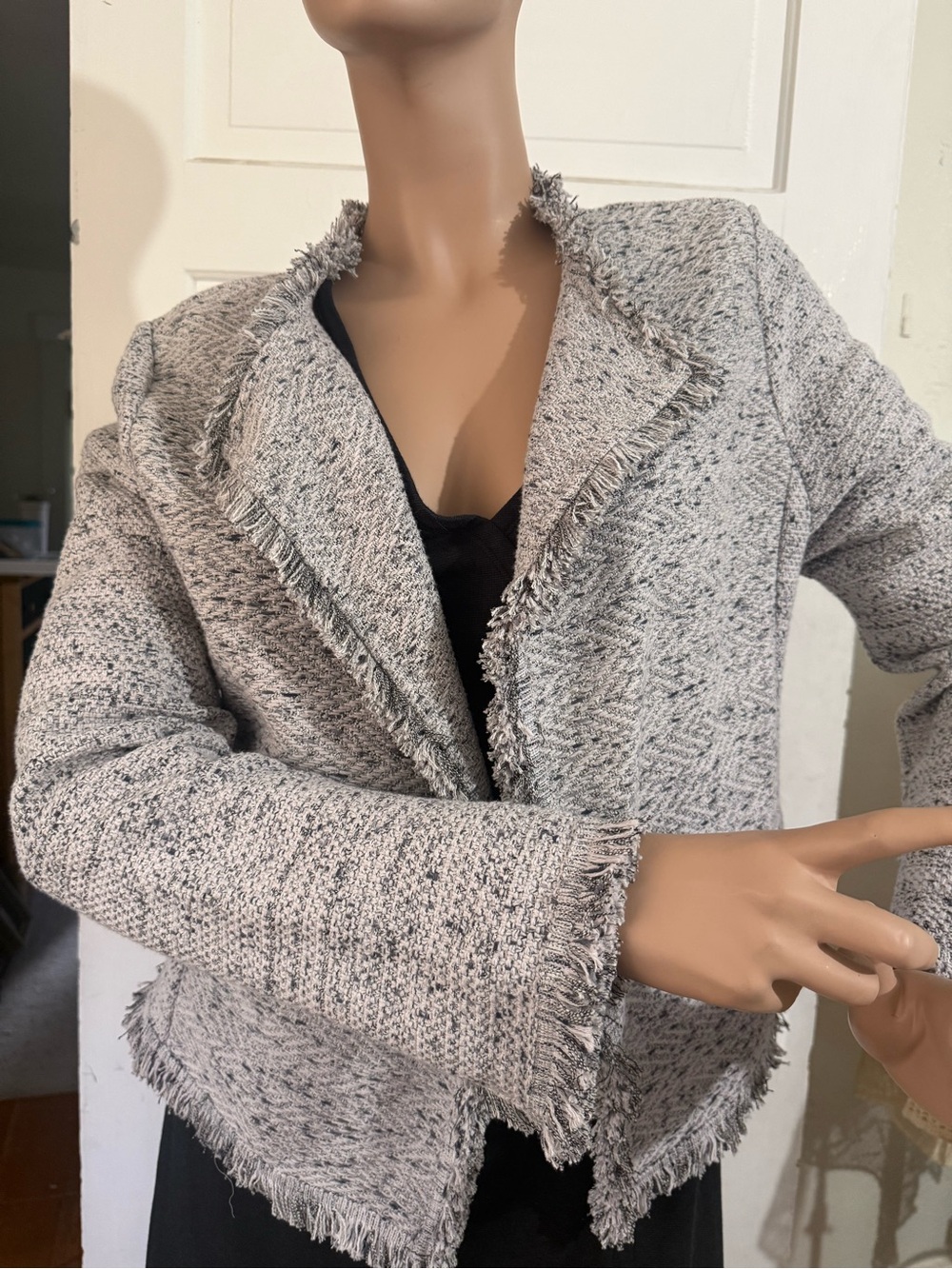 NIC+ZOE Fringed Open-Front Bouclé Jacket - Gray